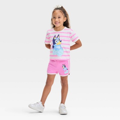 Toddler Girls' 2pc Bluey Striped T-Shirt & Retro Knit Shorts Set - Pink 3T