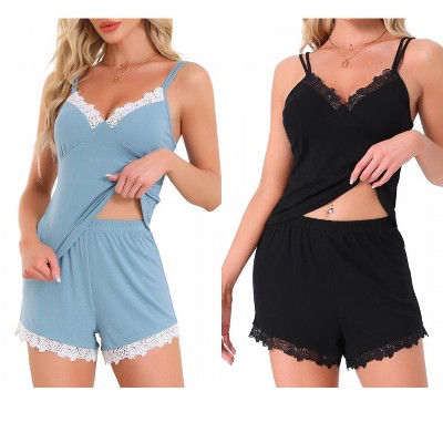 INSPIRE CHIC Women 2 Pcs Lounge Set Sleeveless Lace Spaghetti Strap Ribbed Pajama Sets