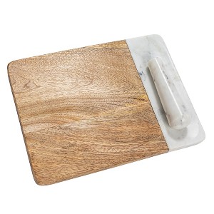 Storied Home Mango Wood and Marble Cheese and Cutting Board with Inlaid Marble Pestle, Natural and White - 1 of 4