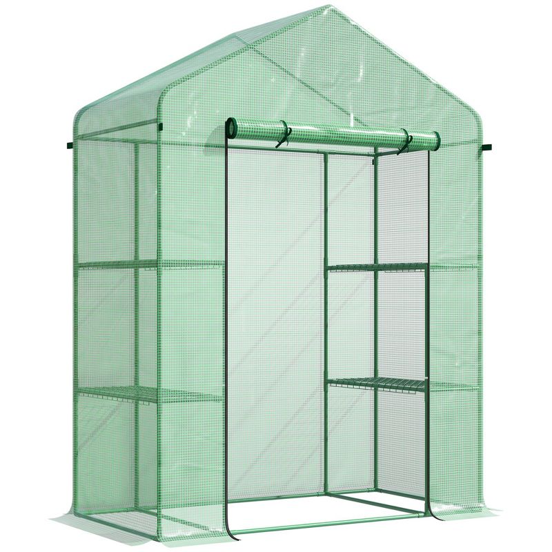 Outsunny 56" x 29" x 77" Mini Walk-in Greenhouse Kit, Portable Green House with 4 Shelves, Roll-Up Door and PE Cover for Backyard Garden, Green, 1 of 7