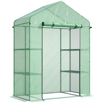 Outsunny 56" x 29" x 77" Mini Walk-in Greenhouse Kit, Portable Green House with 4 Shelves, Roll-Up Door and PE Cover for Backyard Garden, Green