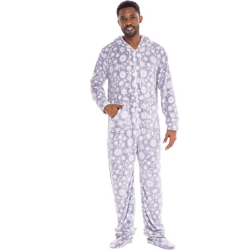 Alexander Del Rossa Men S Warm Fleece One Piece Footed Hooded Pajamas White Winter Snowflakes Footed Large Target