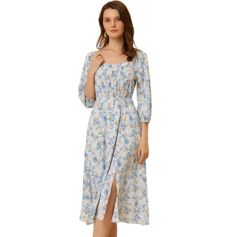 Allegra K Women's Ditsy Floral Square Neck Puff Sleeve Peasant Split Midi  Dresses Light Blue X-small : Target