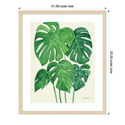 Tropical Green Monstera Leaves Watercolor Wood Framed Print, 21 x 25
