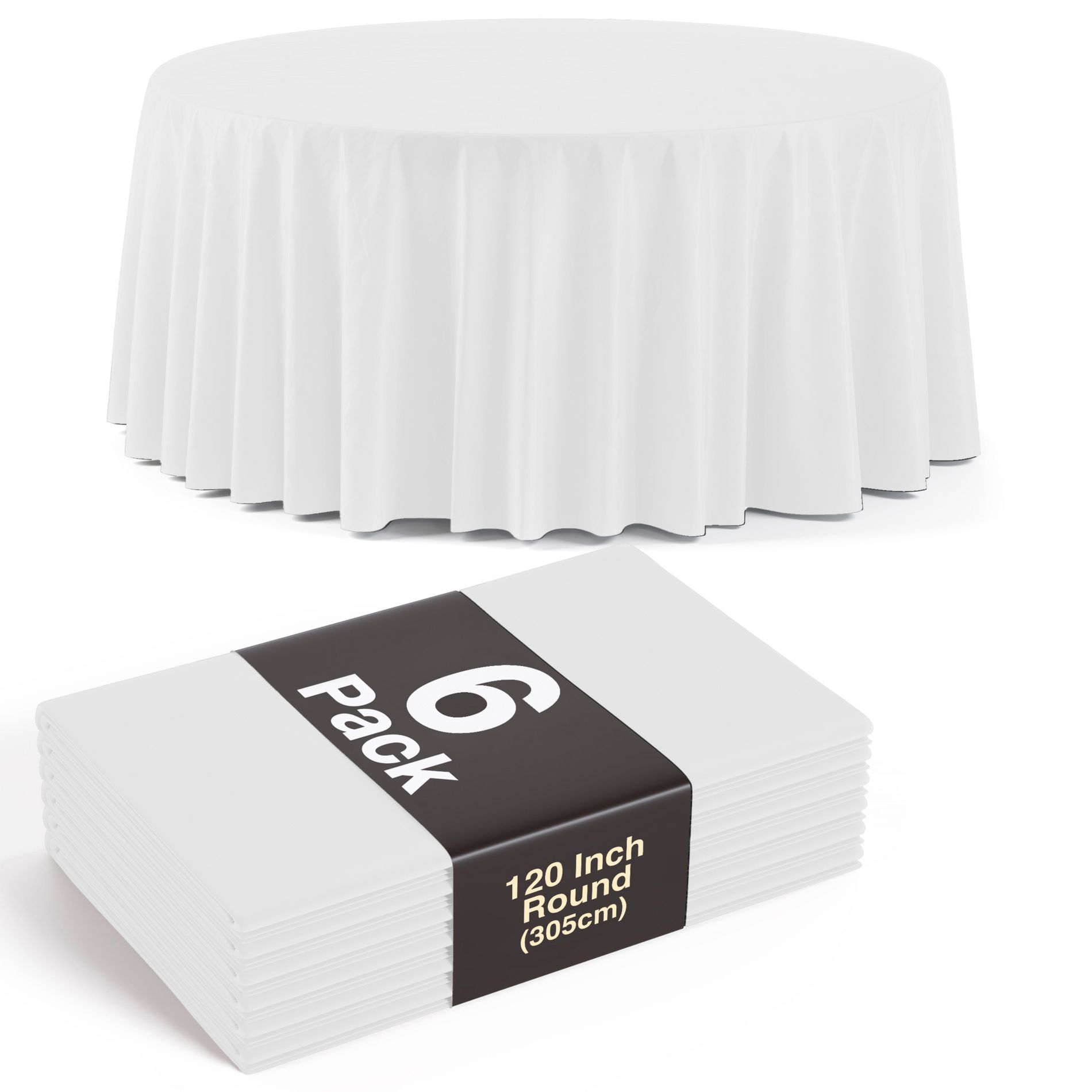Crown Display White Round Disposable Tablecloth for Parties- 120 Inch White Plastic Table Cloth - Floor Length Tablecloth for 6 foot Table - 6 Pack