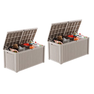 VisioGear Deck Boxes, 2-Piece 180 Gal Outdoor Storage Deck Box, Small Patio Storage Bin for Garden Tools, Brown, 61.02"*28.39"*29.17"