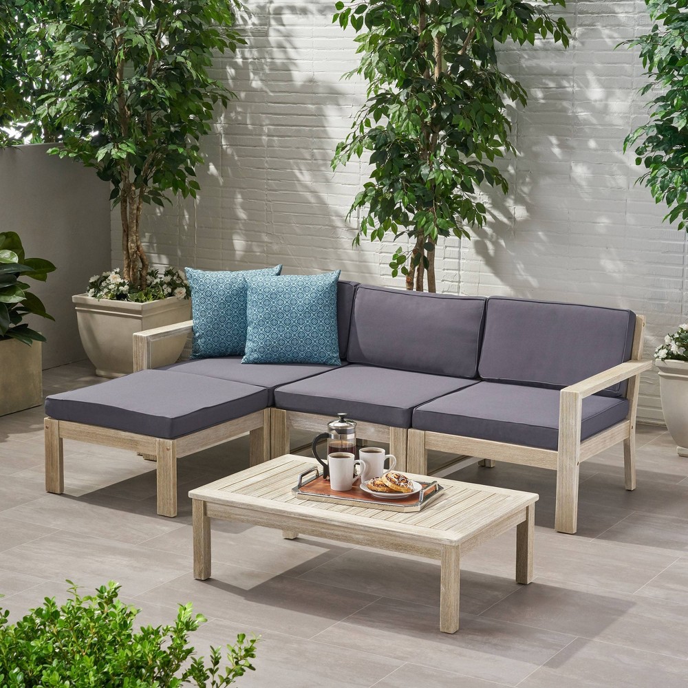 5pc Santa Ana Acacia Wood Patio Sofa Sectional Set - Light Gray/Dark Gray - Christopher Knight Home