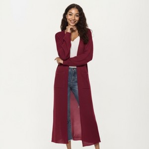 Anna-Kaci Women's Open Front Long Knit Cardigan with Pockets and Ribbed Trim Design - 1 of 4