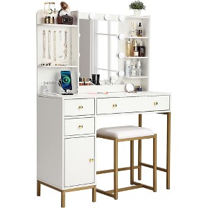 Makeup Vanity Desk with Chair Adjustable Lighted Mirror, Make Up Dresser Table with Drawers - 1 of 4