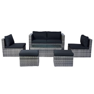 Rbied 6-Piece Wicker Outdoor Sofa Sectional Set Conversation Set with Black Cushions, Smart Storage Design - 1 of 4