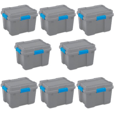 Sterilite 20 Gallon Heavy Duty Plastic Gasket Tote Stackable Storage Organization Container Box with Lid and Latches, Titanium Gray/Blue (8 Pack)