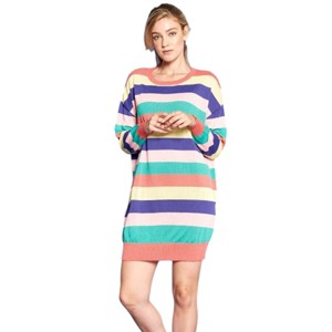 Slickblue Striped Knit Sweater Dress for Women – Long Sleeve Casual Dress – Coral Multi-Color Outfit in S-M & M-L - 1 of 4