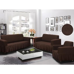 Home Mart Goods Chocolate Brown 3-Piece Set 4-Way Stretch Ruffled Skirt Slipcover Sofa Loveseat & Armchair Cover Protector - 1 of 3