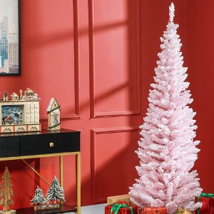 Angel Sar 6ft Pencil Christmas Tree, Slim Artificial Xmas Tree with Warm White LED Lights, Pink Decor for Home - 1 of 4
