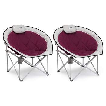 CORE Oversized Padded Round Saucer Moon Folding Chair w/ Headrest for Camping, Sporting Events, Outdoor/Indoor Space, Wine (2 Pack)