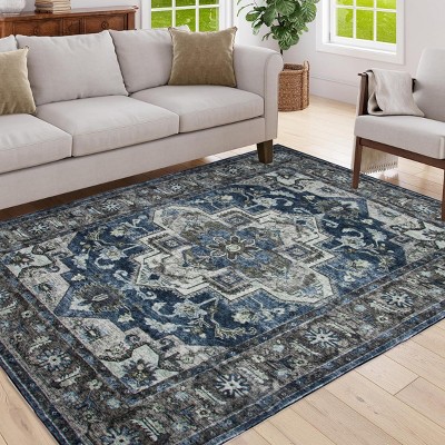 GlasFlength Rug Pads Elegant Vintage Bohemia Waterproof Extra Large Area Rugs Non-Slip Rug Pads Washable Rug for Room, Blue, 84"*60"*0.31"