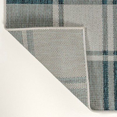 Turquoise and Cream Gingham 8' x 10' Synthetic Indoor/Outdoor Rug