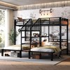 Queen over Twin over Twin Metal Bunk Bed ,Triple Metal Bunk Bed with Storage Shelves and Storage Stairs,Black - 3 of 4