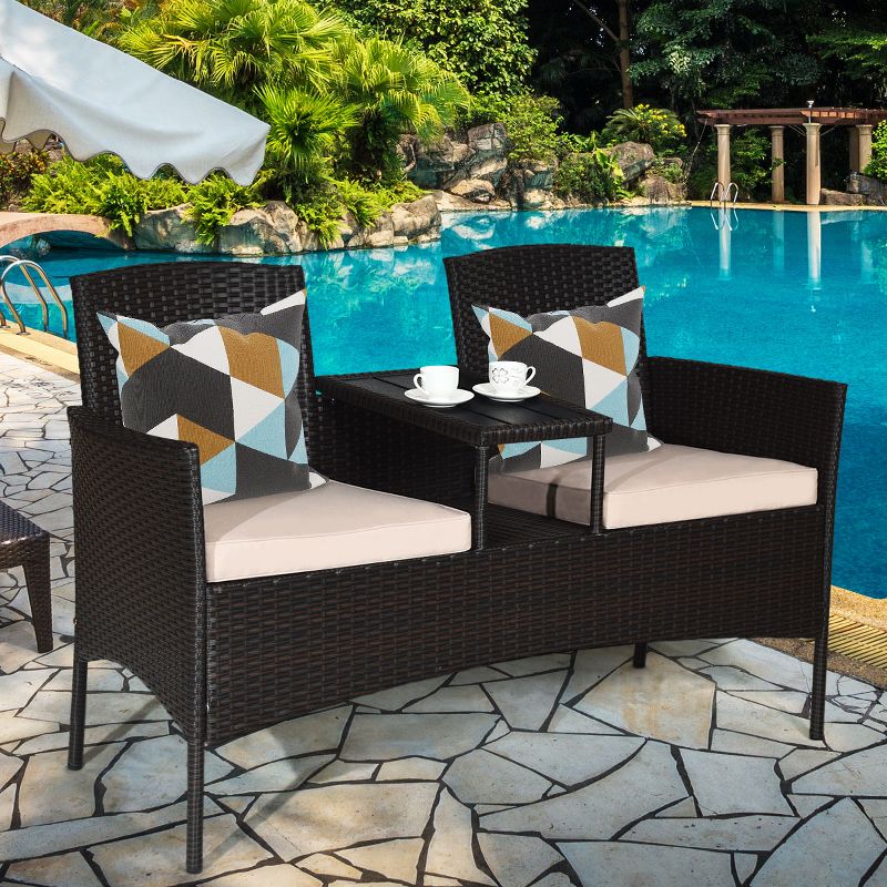 Costway Patented Patio Rattan Chat Set Loveseat Sofa Table Chairs Conversation Cushioned, 2 of 12