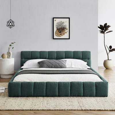 Queen Size Upholstered Bed Frame With Thick Fabric, Chenille Fabric Grounded Platform Bed With Headboard And Solid Frame-Cuddlewood