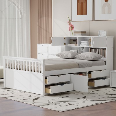Platform Bed, Bed with Bookcase Headboard and Reversible Shelves, Storage Bed with 4 Storage Drawers, Wooden Frame Bed-Baofuwish