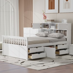 Platform Bed, Bed with Bookcase Headboard and Reversible Shelves, Storage Bed with 4 Storage Drawers, Wooden Frame Bed-Baofuwish - 1 of 4