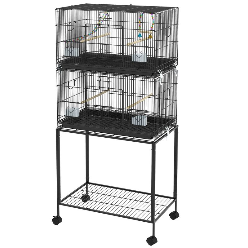 PawHut Double Stackable Bird Cage w/ Stand, Wooden Swing, Rope Ladder & Wheels for Canaries, Lovebirds, Budgie Cage w/ Storage Shelf, Removable Tray, 4 of 7