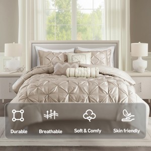 7 Pcs Faux Silk Bedding Set, Solid Color RIAB Royal Style Comforter Set, Tufted Dimensional Design Smooth Edge Comforter with Matching Pillow Cases - 1 of 4