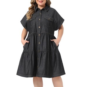plus size babydoll dress formal Women's Button Down Short Sleeve Lapel Tiered Hem Jean Denim Dresses with Pockets LowStock:43268774199347