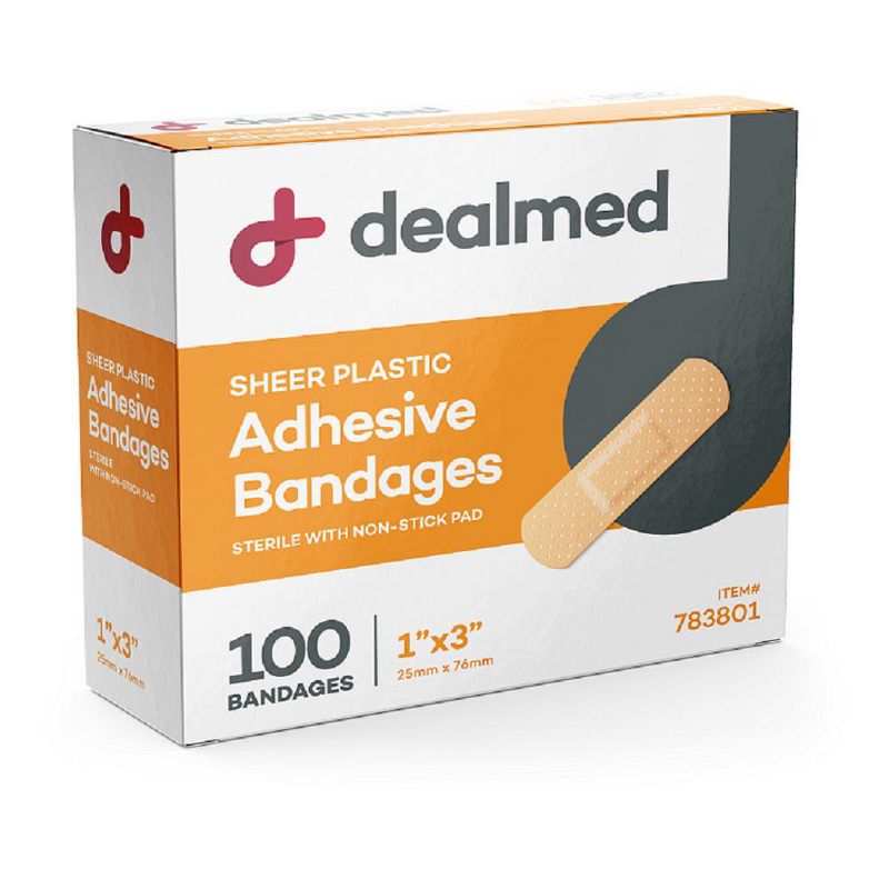 Dealmed 1" x 3" Sheer Adhesive Bandages with Non-Stick Pad, Latex Free Wound Care, 100 Count (Pack of 1), 1 of 5