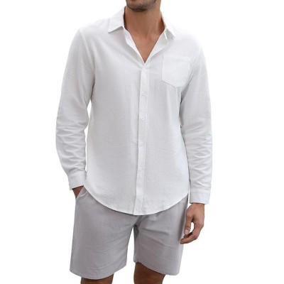 Men's Cotton Linen Sets 2 Piece Tracksuits Long Sleeve Casual Summer Beach Outfits Button Down Shirts and Shorts