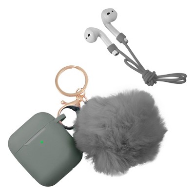 Infinite Curiosity Cute Case Compatible with AirPods 1 & 2 - Fluffy Pom Pom Protective Silicone Cover with Keychain, Gray