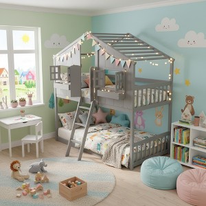Whisen Twin over Twin House Bunk Bed with Roof, Window, Window Box, Door, with Safety Guardrails and Ladder - 1 of 4