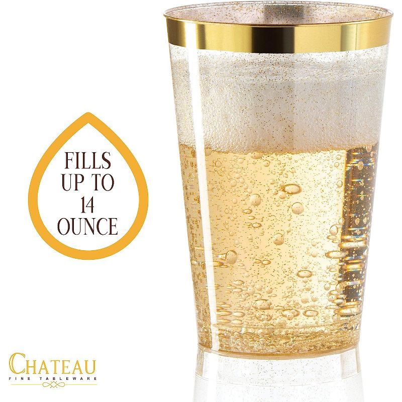 Chateau Fine Tableware 100 Gold Glitter Gold Rimmed Plastic Cups 14 Oz Wine Glasses, 3 of 7
