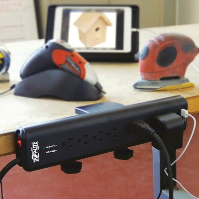 Black 6-Outlet Surge Protector with USB Ports and Clamps