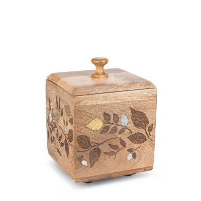 GG Collection Mango Wood with Laser and Metal Inlay Leaf Design Small Canister.