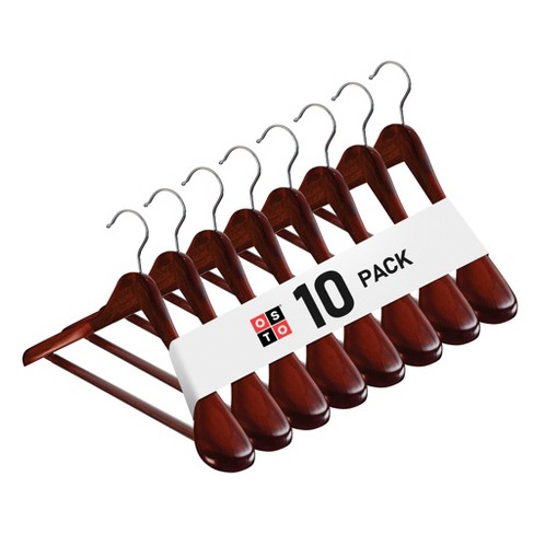 OSTO 10 Pack Cherry Wide Shoulder Wooden Coat Suit Hangers Ultra Strong Hanger with Non Slip Grooved Pant Bar Swivel Hook