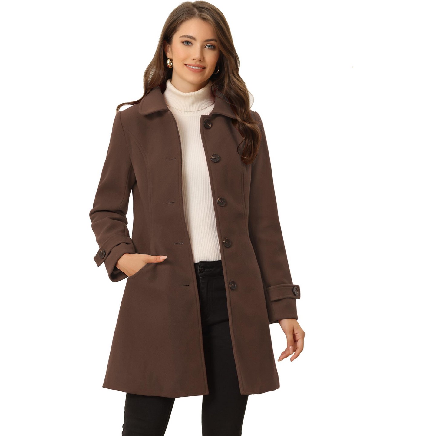 Женская куртка Allegra K Winter Outerwear Peter Pan Collar Mid-thigh A-line Single Breasted Coat Coffee — фото 1