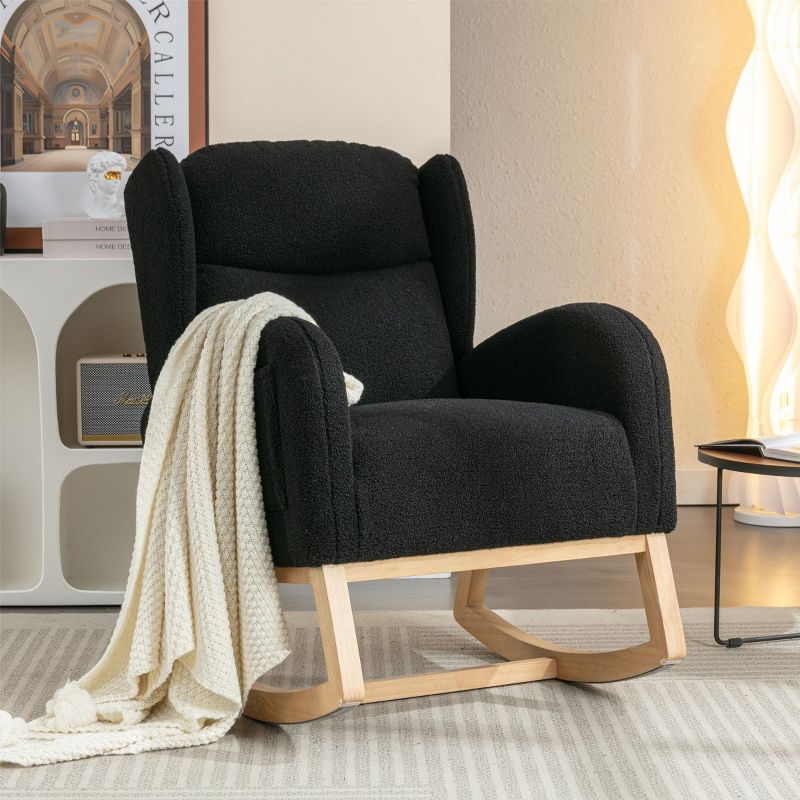 Christie Teddy Fabric Rocking Chair With with Two Side Pockets,Nursery Chair With Solid Wood for Living and Bedroom-Maison Boucle, 1 of 9
