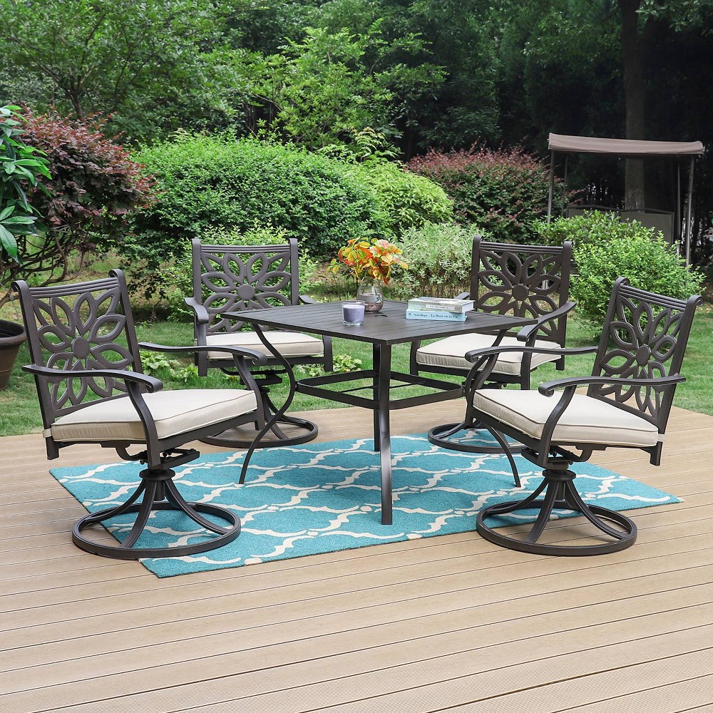 Photos - Dining Table 5pc Patio Set - 37" Metal Table & Extra Wide Swivel Chairs with Cushions,