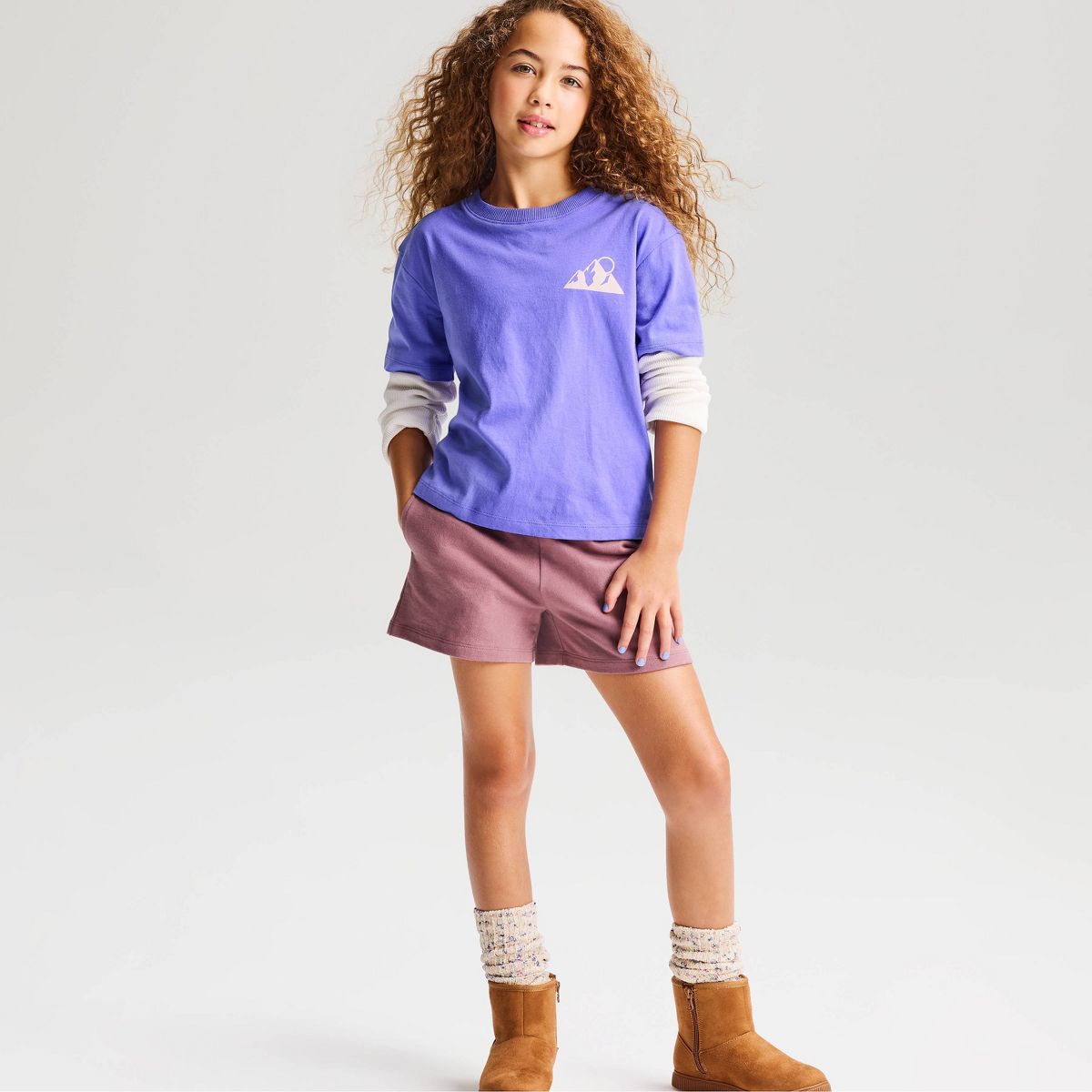 Girls' Twofer Relaxed Fit 'Mountains' Graphic T-Shirt - Cat & Jack™ Bright Purple