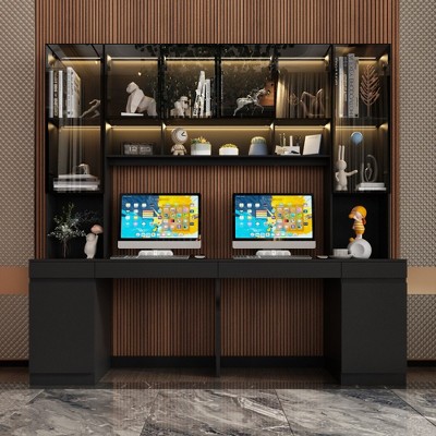Famapy Black Spacious Double Desk Workstation Light Strips USB Ports