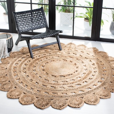 Handmade Natural Jute Round Area Rug with Floral Pattern