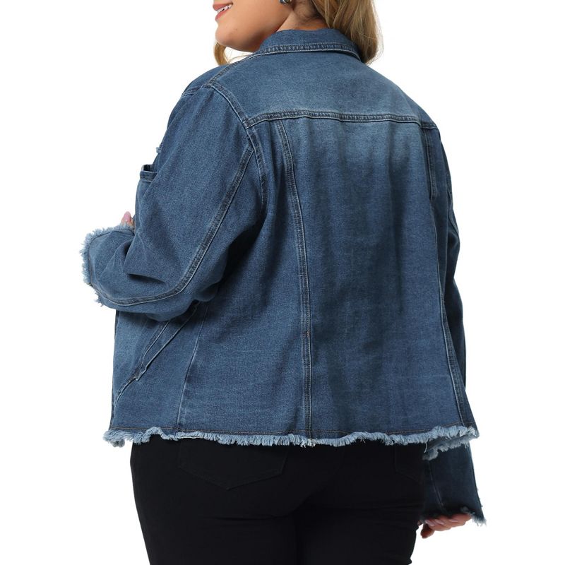 Agnes Orinda Women's Plus Size Button Up Frayed Hem Long Sleeve Casual Jean Jackets, 4 of 6