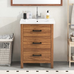 24.4'' Modern Walnut Bathroom Vanity with Ceramic Basin, Freestanding Storage Cabinet with 3 Drawer for Small Spaces-3irtyhousy - 1 of 4