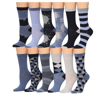Tipi Toe Women's 12 Pairs Lightweight Crew Socks – Navy and Grey Variety Design Patterns