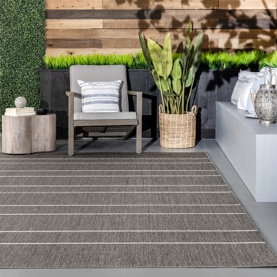 Modern Striped Gray Synthetic 64" Rectangular Easy-Care Rug