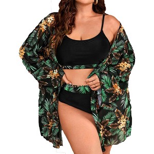 Women's Plus Size 3 Piece Bathing Suits High Waisted Bikini Swimsuit with Long Sleeve Cover up - 1 of 4