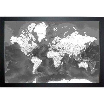 World Map Framed W33xH22 Black Patented Magnetic Back w/30 Pins