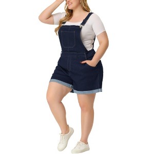 Agnes Orinda Women's Plus Size Adjustable Strap Pocket Roll Hem Denim Overall Jean Shorts - 1 of 4